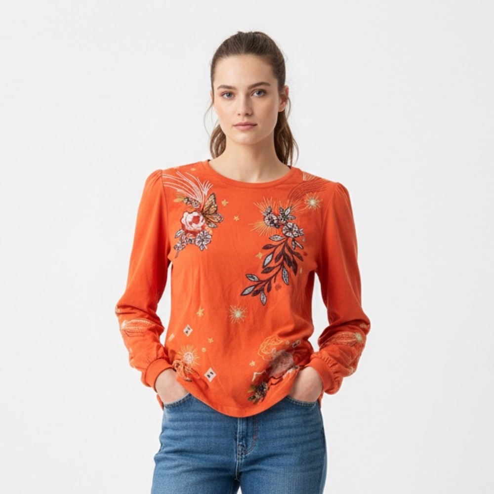 Orange Johnny Was Boho shirt with floral embroidery